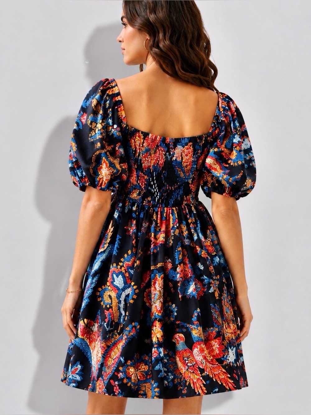 FARM RIO Tropical Bird Print Puff Sleeve Mini Dress Size L - Picture 8 of 12